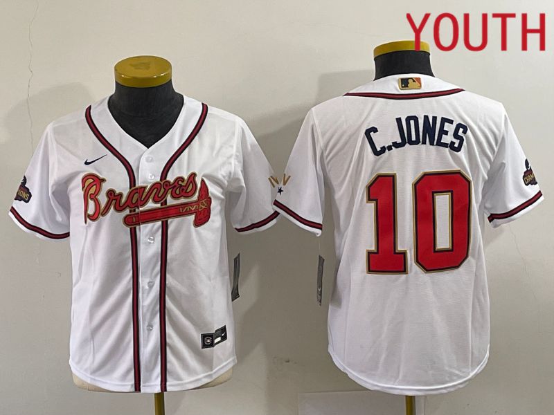 Youth Atlanta Braves #10 C.Jones White Gold Game Nike 2023 MLB Jersey